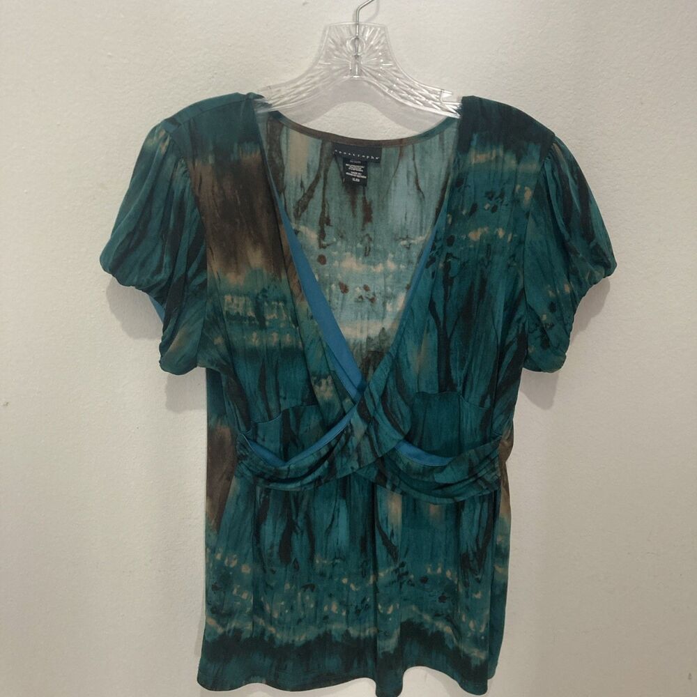 APOSTROPHE blue brown v-neck short bubble sleeve stretchy top XL